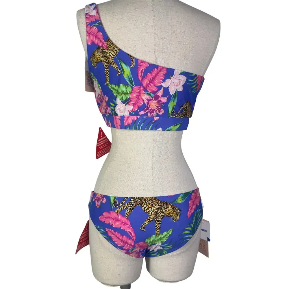 NWT- Dancing Leopard Bikini Top Size 12‎ Bottom Size 8 Blue/Hot Pink